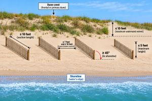 Diagram showing sand fence placement guidelines on a beach dune, including a minimum 45-degree angle, minimum 7-foot spacing, maximum fence height of 5 feet, maximum support post size of 2 × 4 inches or 3 inches in diameter, and a 10-foot maximum distance between the marked reference line and the beach. The reference line is the first line of stable natural vegetation, toe of dune, or escarpment, whichever is farthest waterward.
