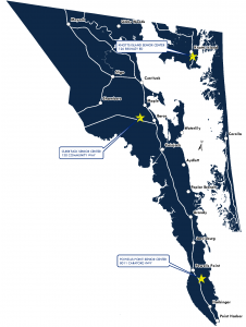Stars on a map showing the location of the 3 senior centers in Currituck County.