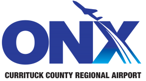 Blue letters ONX with plane flying out of the X - written below is Currituck County Regional Airport