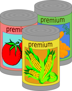 3 canned goods, corn, tomatoes and carrots.