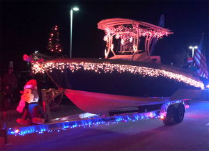 Boat decorated for Christmas Parade.