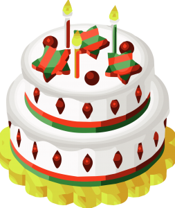 White cake with stars and candles on top in red and green.