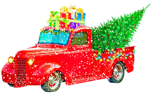 Red Pick-up Truck with a tree in the back, lights on its side and Christmas packages on top.