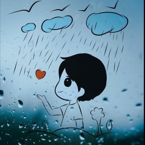 Blueish illustration with clouds, rain an boy blowing a kiss. 