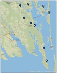 Number 1 to 8 showing the locations of the convenience centers in Currituck County.