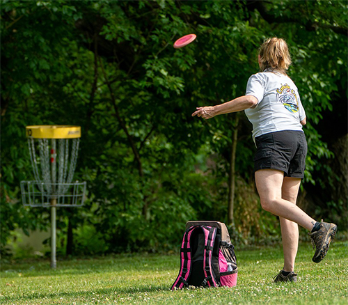 Girl throwing a disc to the net.