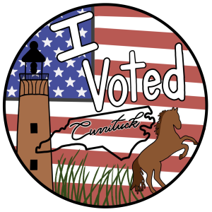 Background of the American flag with the words "I Voted" surrounded by the Currituck light house, brown wild horse and outline of the state of North Carolina.