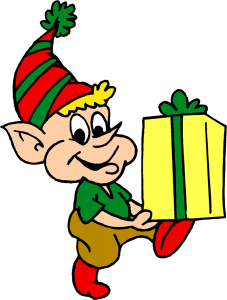 Christmas Elf carrying a yellow gift box.
