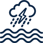 Blue outline icon with flooding lines and thunder and lighting cloud.