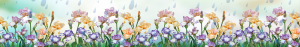 Illustration of spring yellow and purple iris flowers with rain drops.