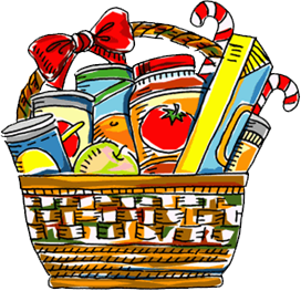 Basket with can goods, pasta and fruit
