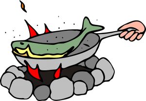 Clipart of open fire surrounded by rocks, On top of the fire is a frying pan with a green fish in it.