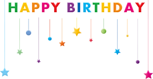 Multi color letters saying Happy Birthday with hanging circles and stars.