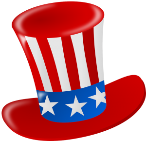 Red strip hat with band of blue with white stars and red bill.