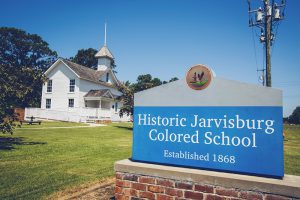 Historic Jarvisburg Colored School sign and photo of school.
