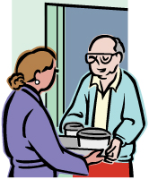 Older man at the door getting a meal from a lady.