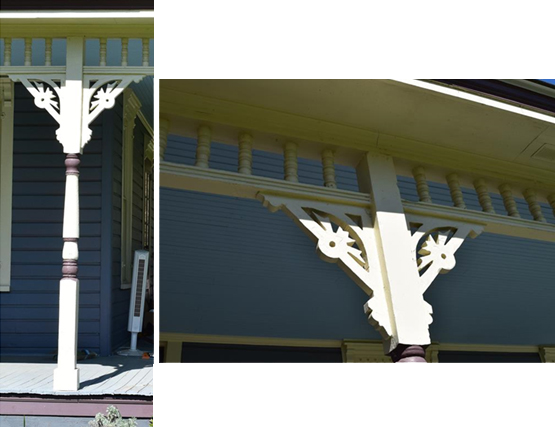 Turned porch post, spindle frieze, detailed milled and pierced brackets.