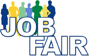 Job Fair image with outline of people in blue, green, orange and yellow.