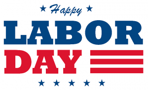 Happy Labor in blue, Day in red with 3 red stripes in the shape of a flag.