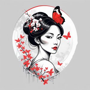 Madam Butterfly in black and white with a bunch of red butterflies around her.