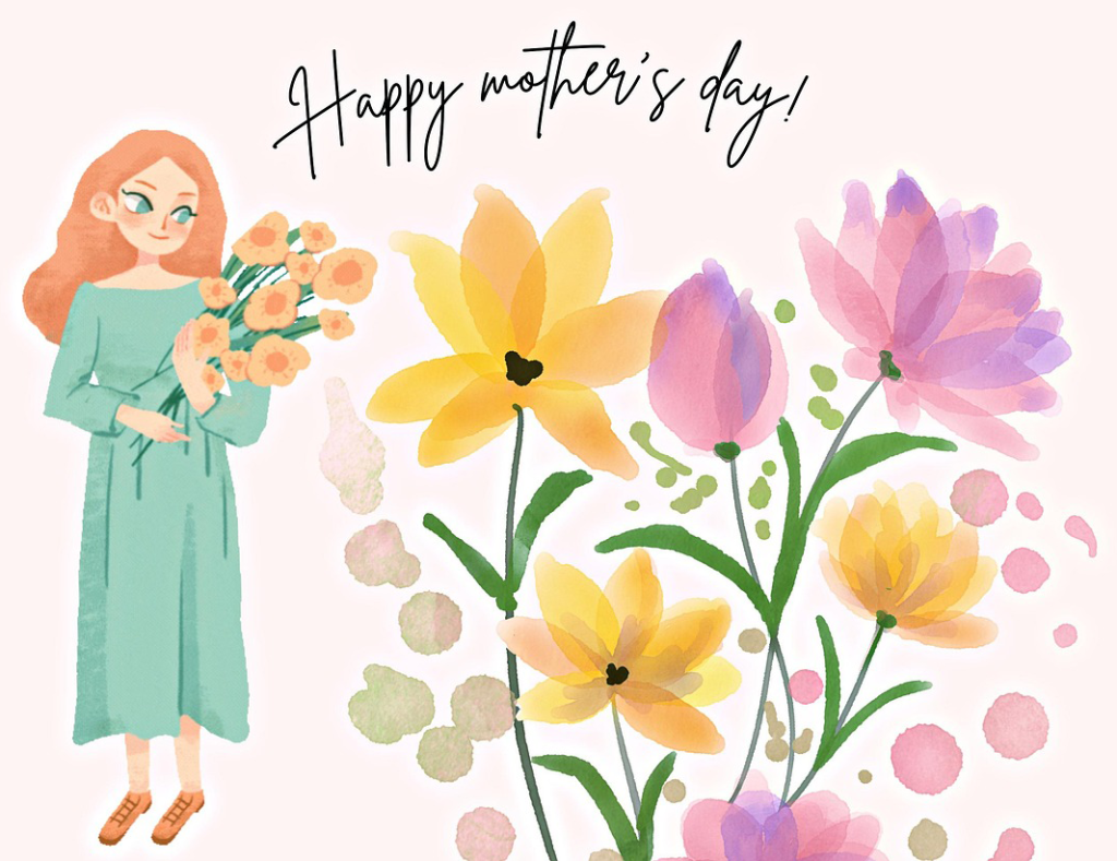 Happy Mother's Day with a woman and flowers