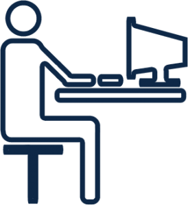 Outline of person sitting at a computer in navy blue.