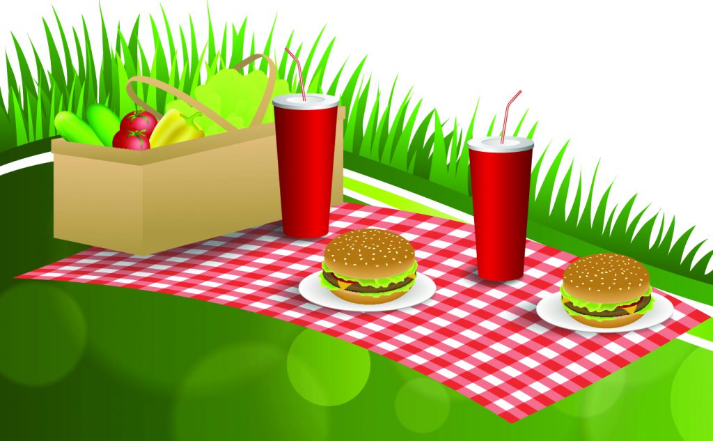 Picnic clipart with two plastic cups and basket with red white checker throw.