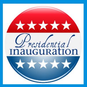 Circle with 3 parts; red with 5 white stars on top, on bottom blue with 5 stars and in the middle white background with blue letters "Presidential Inauguration."