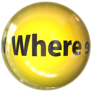Yellow ball with Where written in the middle. 