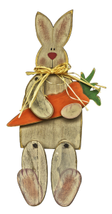 Wooden rabbit holding a carrot.