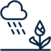 Blue outline icon of rain cloud, plant and line.