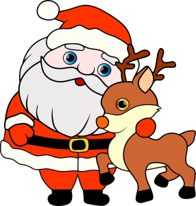 Santa hugging deer.