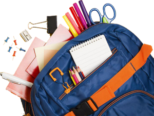 Blue and Orange Backpack with school supplies sticking out of the top. Items like pen, pencils, scissor, note pad, & clips.