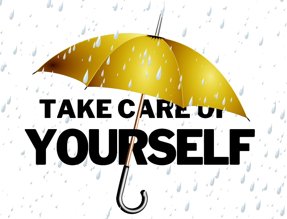 Take Care of Yourself with rain drops in the backup and gold umbrella protecting the words.