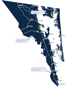 Map with locations of where the senior services centers are located.