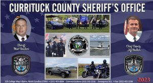 Decorative pieces with the Currituck County Sheriff's Office Logo, pictures of various activities with the deputy's. Three patrol cars with 5 deputies standing in front. 2 motorcycle deputies. Sheriff's department truck and boat. 3 deputies in uniform standing with American flag. Photos of Sheriff Matt Beickert and Chief Deputy Jeff Walker. Address of Sheriff's Office: 125 College Way, Barco, North Carolina 27956. Phone number: 252-453-8204. Communication phone number: 252-232-2216. Emergency 911. Fax number: 252-453-2238. Year 2023.