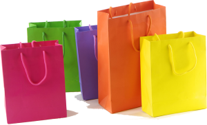 a pink, orange, green, purple and yellow shopping bag