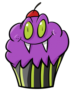 Purple cupcake with green eyes, a smile with to pointed teeth and cherry on top.