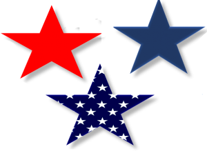 Red star, blue star and blue with white marks.