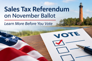 Sale Rax Referndum on November Ballot, Learn More Before you Vote, with the Currituck Lighthouse in the back ground with a ballot card and edge of American Flag.