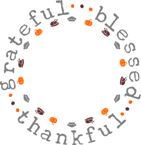 grateful, blessed and thankful in brown and orange circle.