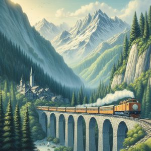 Train on a bridge going thru the Mountains.