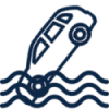 Blue icon, showing a car in water (wavy lines)