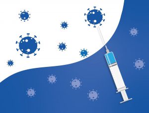 A syringe with blue germs surrounding it.