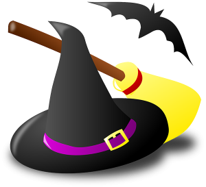 Witch hat, broom, bat